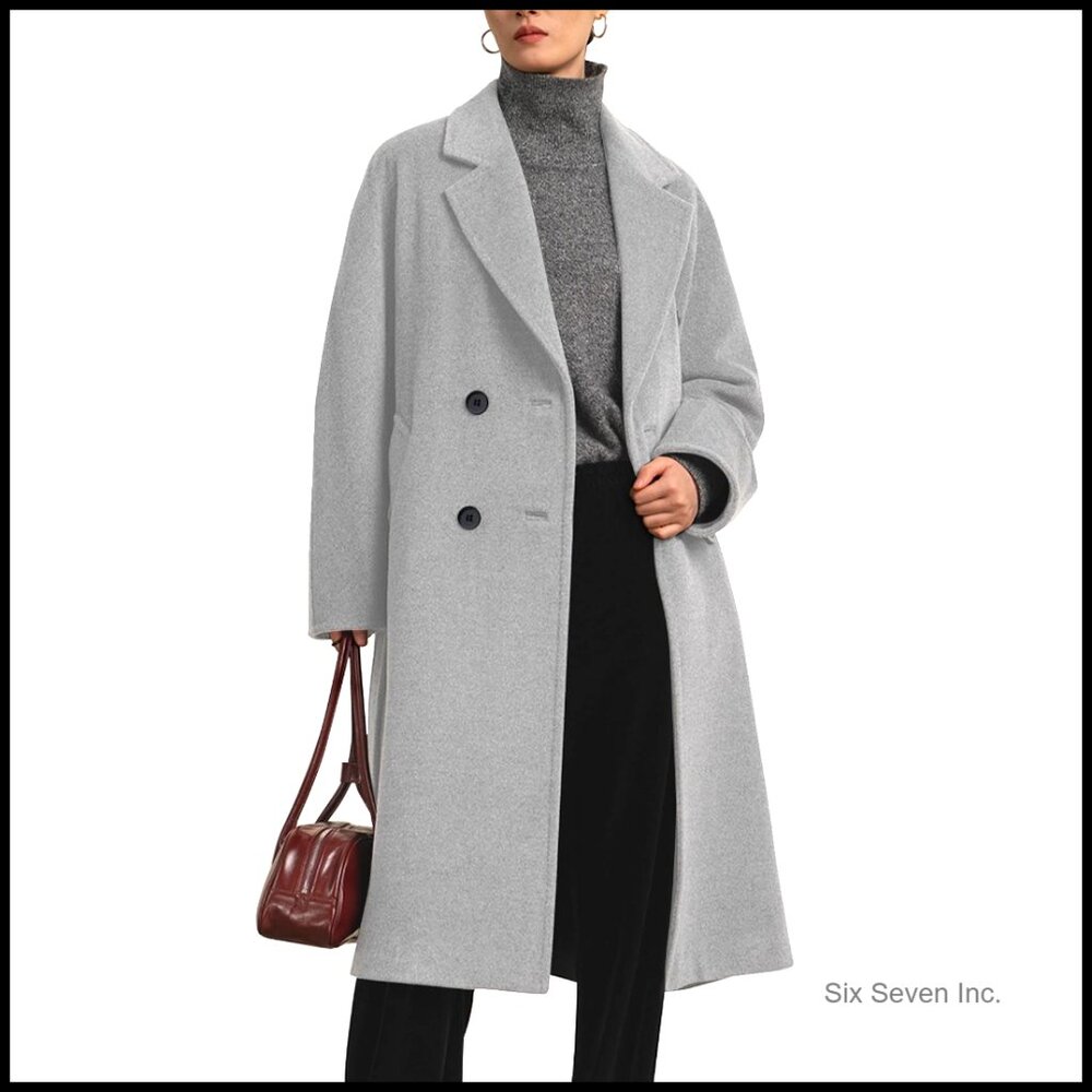 Long Pea Coat Double Breasted Notch Lapel Trench Overcoat